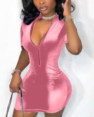 Velvet Zip Up Stand Collar Bodycon Mini Dress