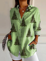 Lovely Christmas Tree Art Print Casual Cotton Shirt