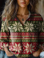 Retro Christmas Atmosphere Print Casual Long Sleeve Comfortable Cotton Shirt