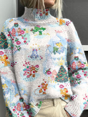 Rainbow Christmas Print Knit Turtleneck Pullover Sweater