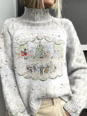 Christmas Art Print Knitted Turtleneck Pullover Sweater