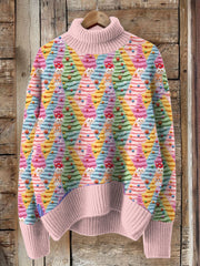 Vintage Christmas Cat Tree Pattern Print Turtleneck Knitted Cozy Pullover Sweater