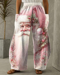Pink Santa Claus Printed Casual Loose Wide Leg Pants