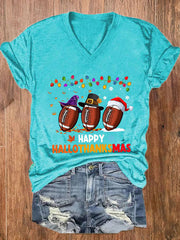 Halloween Thanksgiving Festival Happy Hallothanksmas Print V-Neck T-Shirt