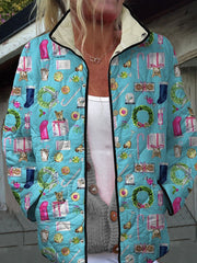 Vintage Christmas Art Print Casual Quilted Jacket