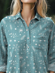 Winter Season Snowflake Pattern Printed Casual Cotton And Linen Shirt