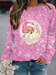 Pink Christmas Santa Print Loose Sweatshirt