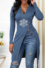 Red Street Snowflakes Zipper V Neck T-Shirts