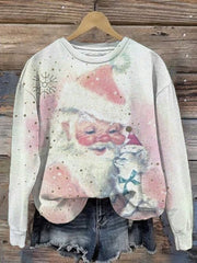 Retro Christmas Santa And Cat Print Casual Sweater