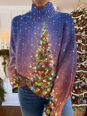 Glitter Christmas Tree Print Knit Turtleneck Pullover Sweater