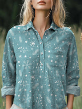 Winter Season Snowflake Pattern Printed Casual Cotton And Linen Shirt