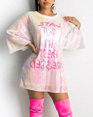 Letter Print Sequins Decor Round Neck Mini Dress