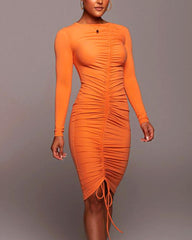 Solid Drawstring Ruched Long Sleeve Midi Dress