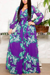 Chiffon Allover Print Belted Gathered Sleeve Dress