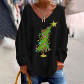 Christmas Tree Print V-Neck Long Sleeved Loose T-Shirt