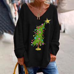 Christmas Tree Print V-Neck Long Sleeved Loose T-Shirt