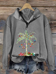 Christmas Palm Tree Print Long Sleeve Zip Sweater