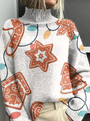 Christmas Lanterns Gingerbread Christmas Tree Pattern Art Print Knit Turtleneck Pullover Sweater