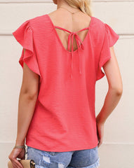 Fluttery Sleeve Textured V-Neck Top