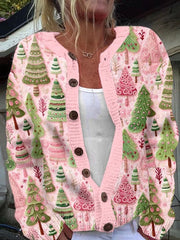 Christmas Tree Print Long Sleeved Casual Knitted Cardigan