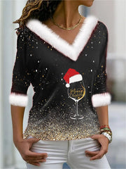 Fluffy sequins Christmas wine glasses V Neck Sweatshirt