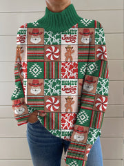 Green Aztec Candy Christmas Art Print Knit Turtleneck Pullover Sweater