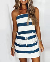 Bandeau Pocket Design Drawstring Striped Dress