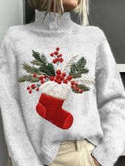 Christmas Printed Knitted Turtleneck Pullover