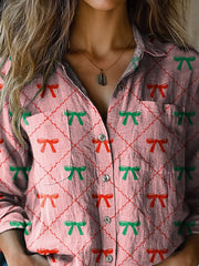 Lovely Christmas Ribbon Pattern Printed Casual Long Sleeve Comfortable Cotton Shirt