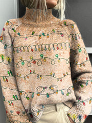 Vintage Christmas Art Print Knit Turtleneck Pullover Sweater