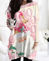 Pink Santa Claus Ho Ho Ho Print Crew Neck Knitted Midi Top