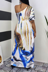 Allover Print Oblique Shoulder Maxi Dress