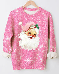 Pink Christmas Santa Print Loose Crewneck Sweatshirt