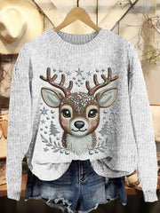 Christmas Elk Printed Crew Neck Casual Knit Pullover