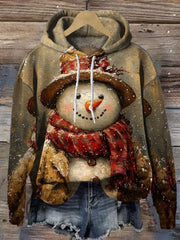 Vintage Christmas Snowman Print Casual Hoodie Sweatshirt