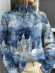 Merry Christmas Snowy Night Print Knit Turtleneck Pullover Sweater