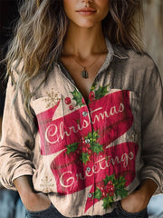 Retro Christmas Atmosphere Print Casual Long Sleeve Comfortable Cotton Shirt