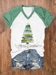 Merry Christmas Tree Printed Raglan Sleeve V-neck T-shirt