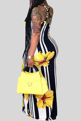 Stripe Floral Print Criss Cross Back Maxi Dress