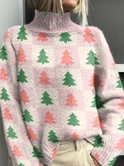 Pink Christmas Christmas Tree Pattern Art Print Knit Turtleneck Pullover Sweater