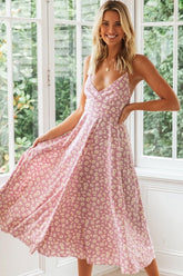 Daisy Floral Tie Back V Neck Beach Midi Dress