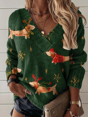 Christmas Dachshund Art Print Knit V-neck Pullover Sweater