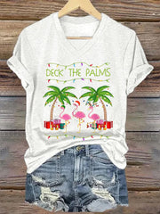 Deck The Palms Merry Flamingo Christmas Print T-Shirt