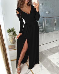 Solid Split Thigh Overlap Cold Shoulder Maxi Dress