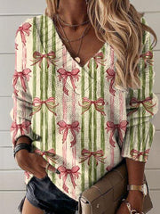 Vintage Christmas Print Knit V-neck Pullover Sweater