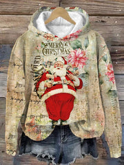 Vintage Christmas Santa Print Casual Hoodie