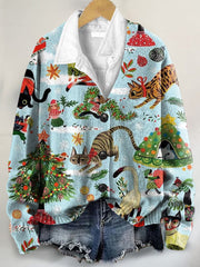 Christmas Cat Art Print Buttoned V-neck Cardigan Sweater