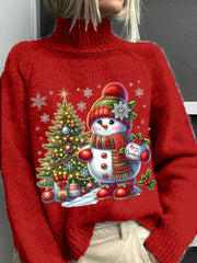 Vintage Christmas Snowman Print Knit Turtleneck Top