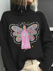 Christmas Angel Print Casual Turtleneck Top