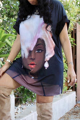 Figure Print Contrast Trim Tee Dress